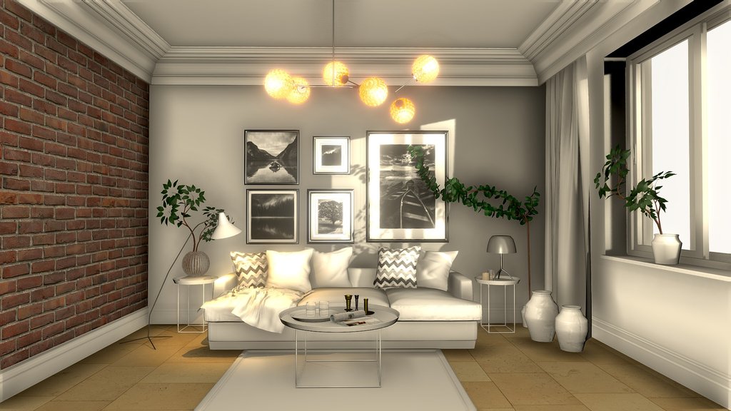 Preview of Interior Scene by Allay Design: a furnished living room with a cream sofa, brick wall, timber floor and natural light.