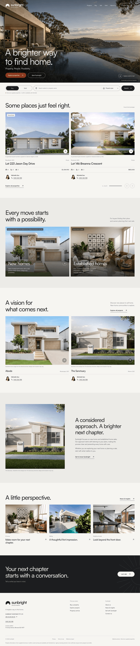 Sunbright Investment’s full homepage on a desktop screen: a coastal hero, homes for sale, new and established homes, projects, the agency’s approach, news and a contact prompt