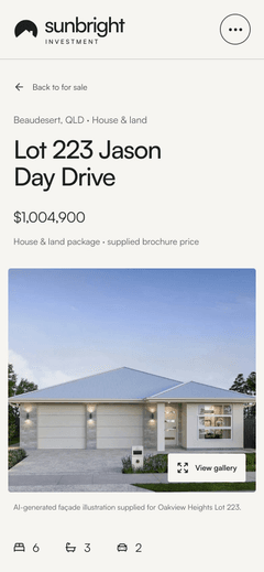A Sunbright Investment property page on a phone, with the price and a labelled façade illustration