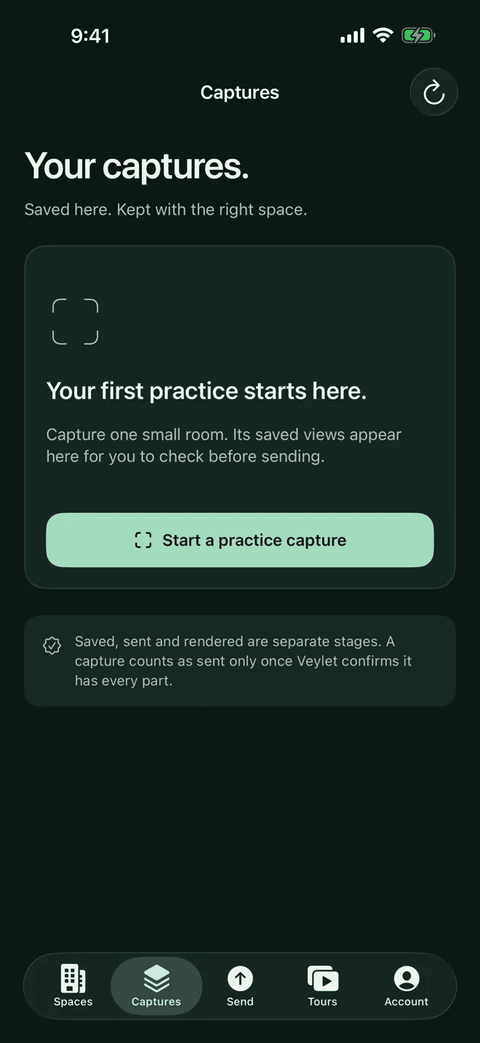 Veylet Capture captures screen inviting a first practice capture of one small room